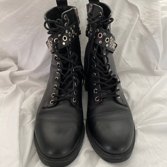 ZARA Trafaluc Black Leather Studded Combat Ankle Boots - Picture 1 of 8